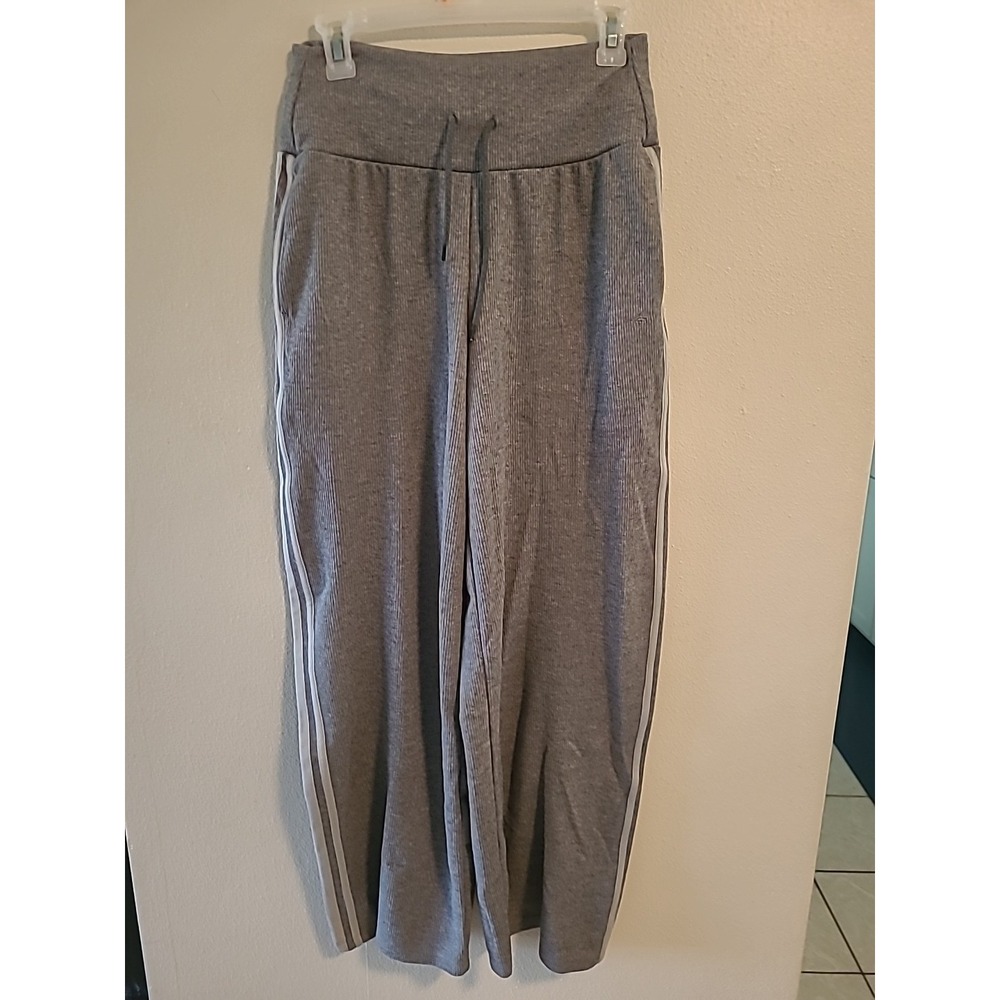 HALARA Women M Sweatpants Waffle GrayWhite Stripe WideLeg Ribbed Drawstring NWOT